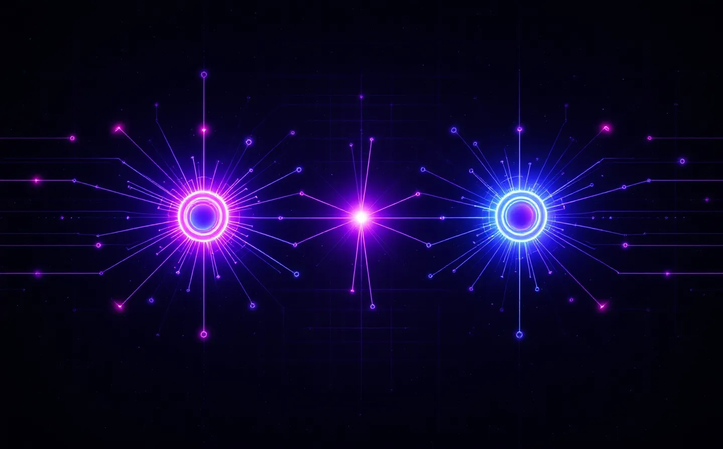 Abstract dual-receptor diagram with one magenta and one cyan incretin receptor node converging on a single violet insulin-response node on a violet-black canvas